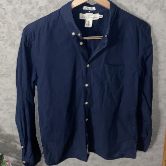 H&M L.O.G.G. 60’s Cotton Poplin Dark Navy Blue Longsleeve Button Dress Shirt - Picture 3 of 6